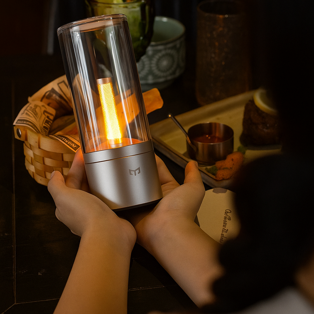 GlowLume | Lampa stołowa LED z efektem światła świecy – ściemnialna i ładowalna – aluminiowy design – 12 godzin użytkowania – do użytku wewnętrznego i zewnętrznego