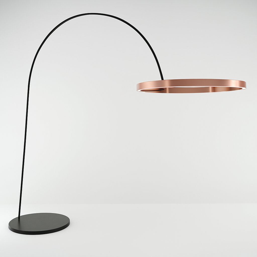 Halo – Design Vloerlamp met Gebogen Arm en LED Ringen – Aluminium & Acryl – Modern Interieur