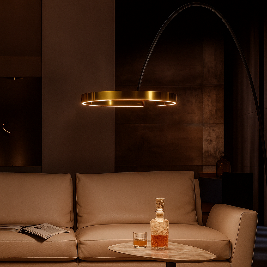 Halo – Design Vloerlamp met Gebogen Arm en LED Ringen – Aluminium & Acryl – Modern Interieur