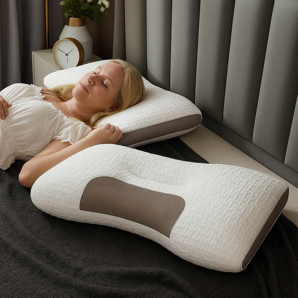 NeckAlign Pro | Cuscino Ortopedico & Ergonomico – Con Funzione Massaggiante – Fibra di Soia – Traspirante & Riduce la Pressione