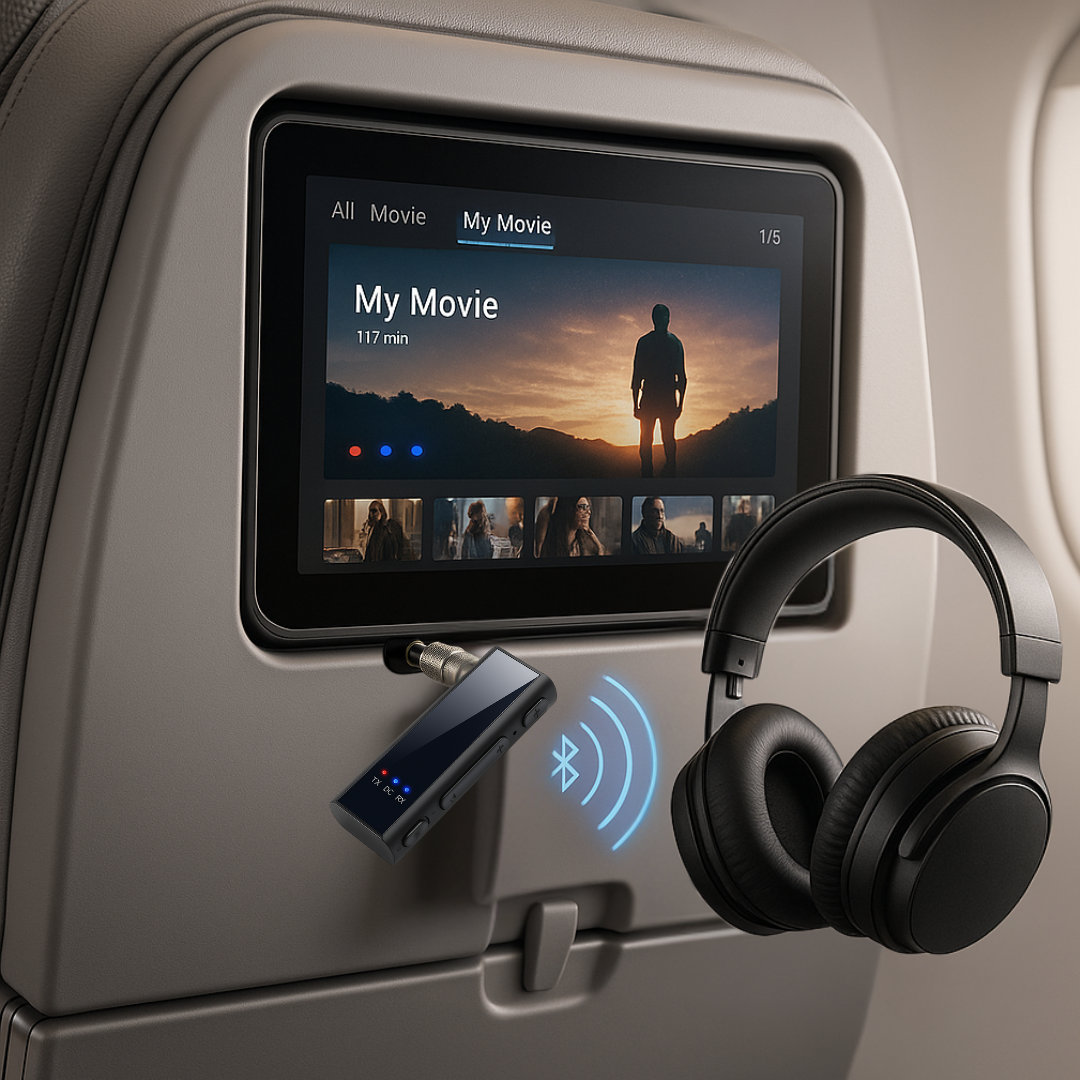 SkyFlyer Pro | Draadloze Bluetooth Vliegtuigadapter – 2-in-1 Zender & Ontvanger – AUX & Type-C – Met Microfoon