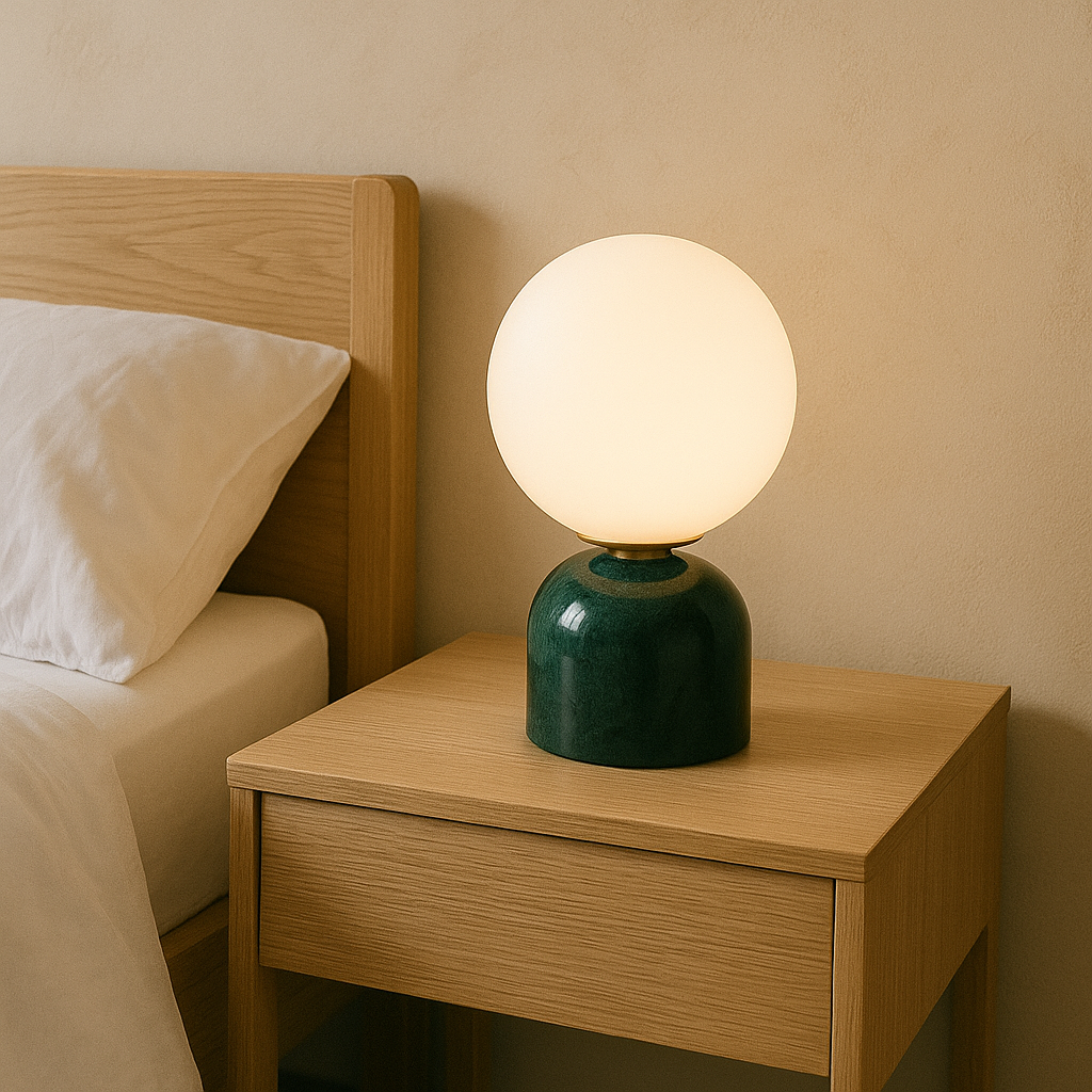 Marnor | Lampada da Tavolo in Marmo con Paralume in Vetro – Design Scandinavo