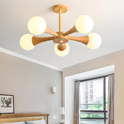 OctoGlow - Scandinavische Houten Kroonluchter met Glazen Lampenkappen