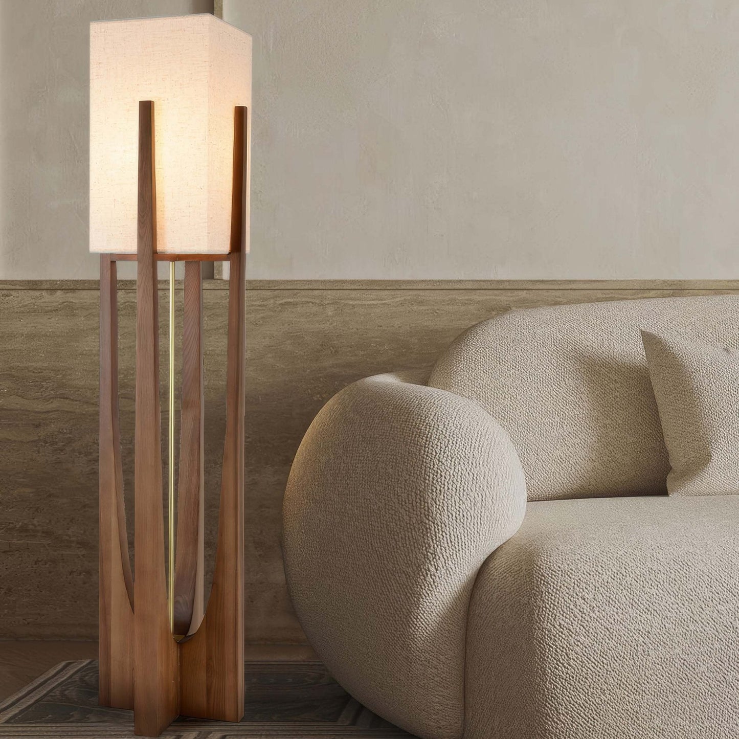 Kōta | Lampada da Terra in Noce con Paralume in Tessuto – Luce LED Calda