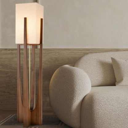 Kōta | Lampada da Terra in Noce con Paralume in Tessuto – Luce LED Calda