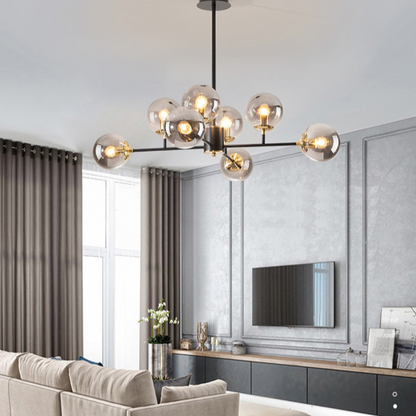 NEBULORA | Lampa wisząca w stylu design z kulami z dymionego szkła – 8 świateł – czarna rama – E27 – 89 cm