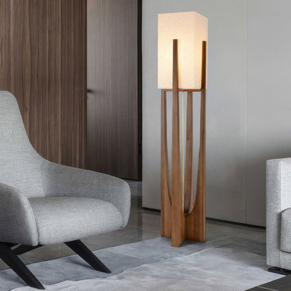 Kōta | Lampada da Terra in Noce con Paralume in Tessuto – Luce LED Calda