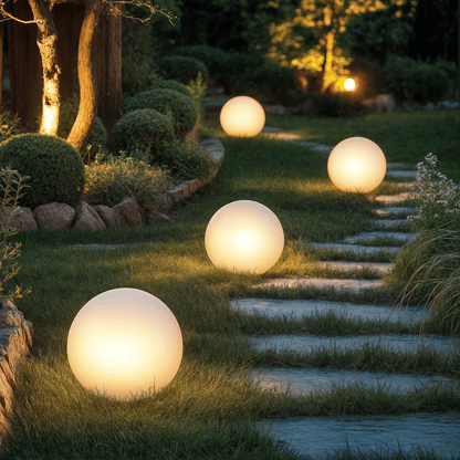 GlowSphere | Lampada a Sfera da Giardino LED – Alimentazione AC – Illuminazione Esterna Atmosferica – Plastica – Design Rotondo