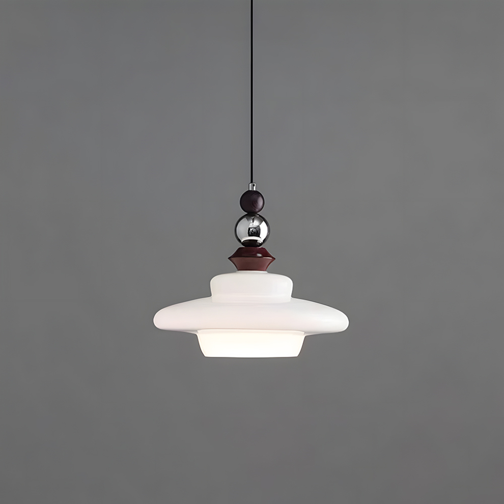 CASTELLA Lampa wisząca – średniowieczny design z beżowym szklanym kloszem i drewnianymi akcentami