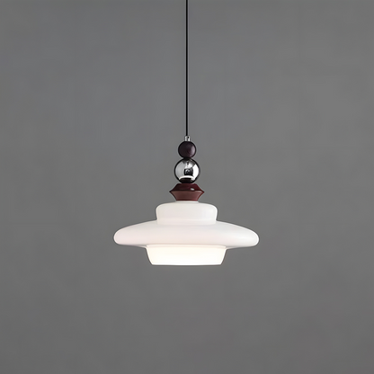 CASTELLA Lampa wisząca – średniowieczny design z beżowym szklanym kloszem i drewnianymi akcentami