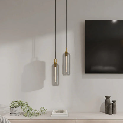 GlasNura – Lampada a sospensione moderna con vetro grigio o trasparente e dettagli in ottone