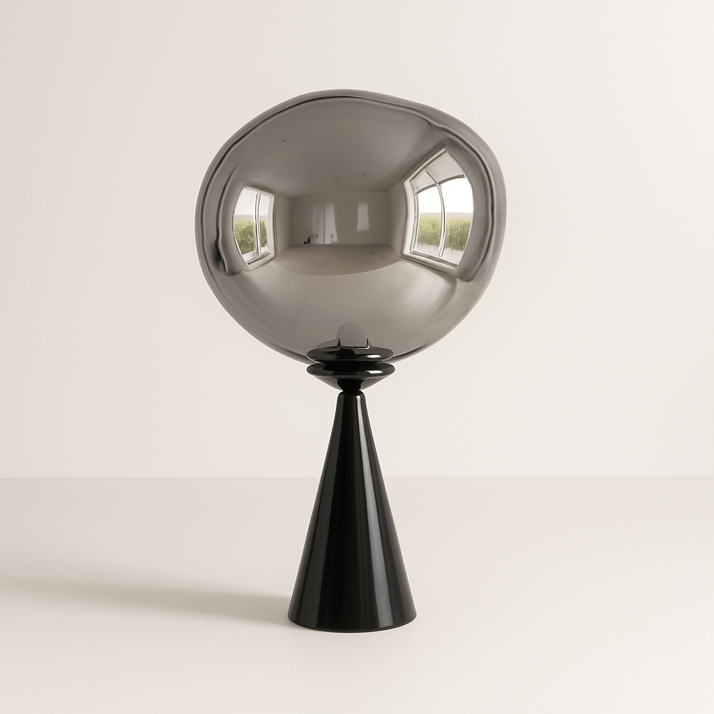 LavaLume – Lampada da Tavolo Design – Vetro & Acciaio Inossidabile – Effetto Specchiato & Lucido – Fatto a Mano