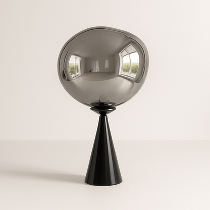 LavaLume – Lampada da Tavolo Design – Vetro & Acciaio Inossidabile – Effetto Specchiato & Lucido – Fatto a Mano