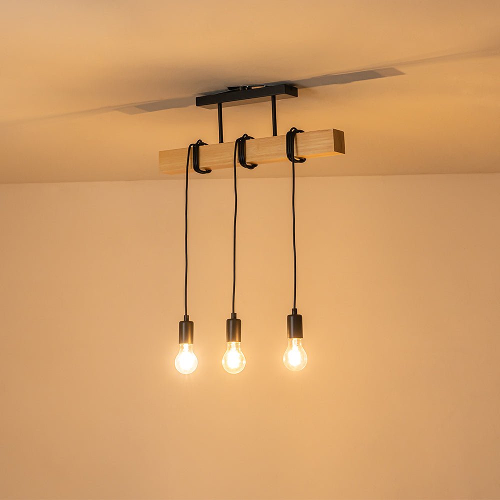 3-Światłowa Matowa Czarna Drewniana Półplafonowa Lampa Wisząca Wyspowa
