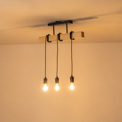 3-Światłowa Matowa Czarna Drewniana Półplafonowa Lampa Wisząca Wyspowa
