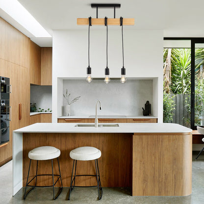 3-Światłowa Matowa Czarna Drewniana Półplafonowa Lampa Wisząca Wyspowa